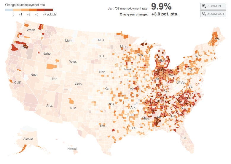 Map shows counties Unemployment rate in counties where at least 25 percent of earnings came from manufacturing, 1998-2000.