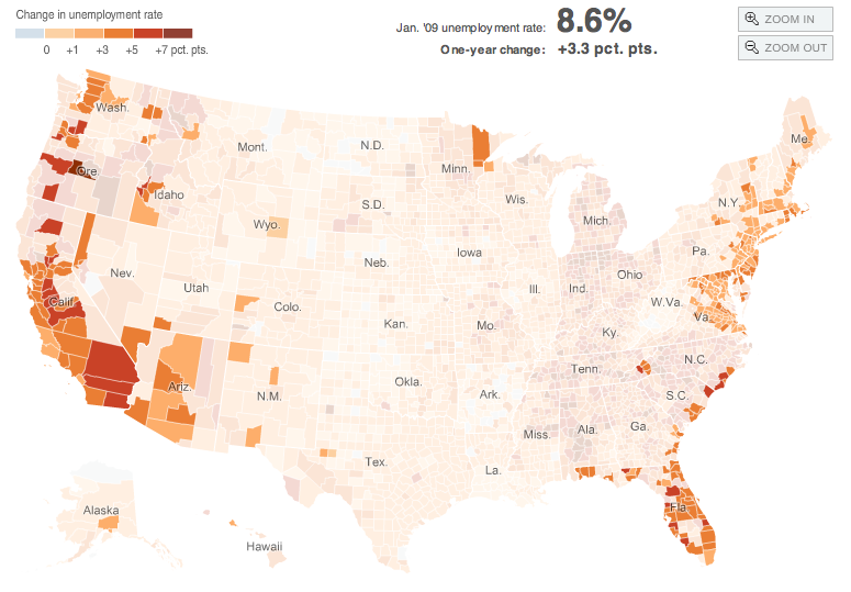 Unemployment rate in counties where home prices rose to at least 175% of 2000 levels.